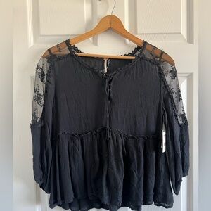 NWT size small black Free People Romance Of The Rose Lace Trim Peasant Top
